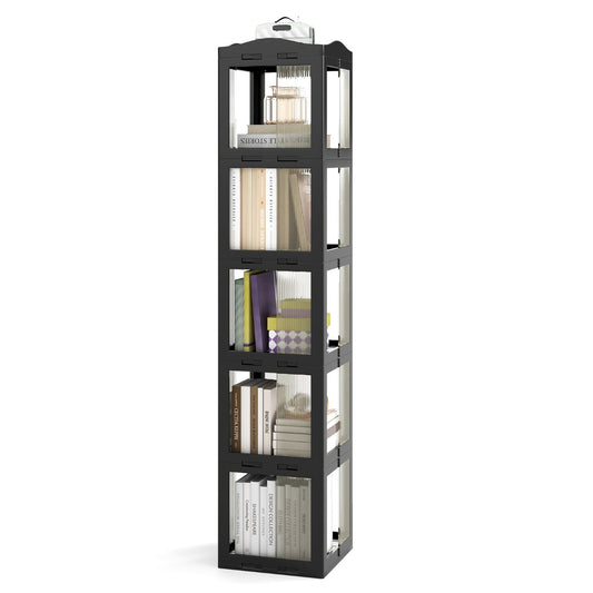 Livsk costway 360 draaibare boekenkast 5 laags verticale rekken met transparante panelen en draaibare voet zwart
