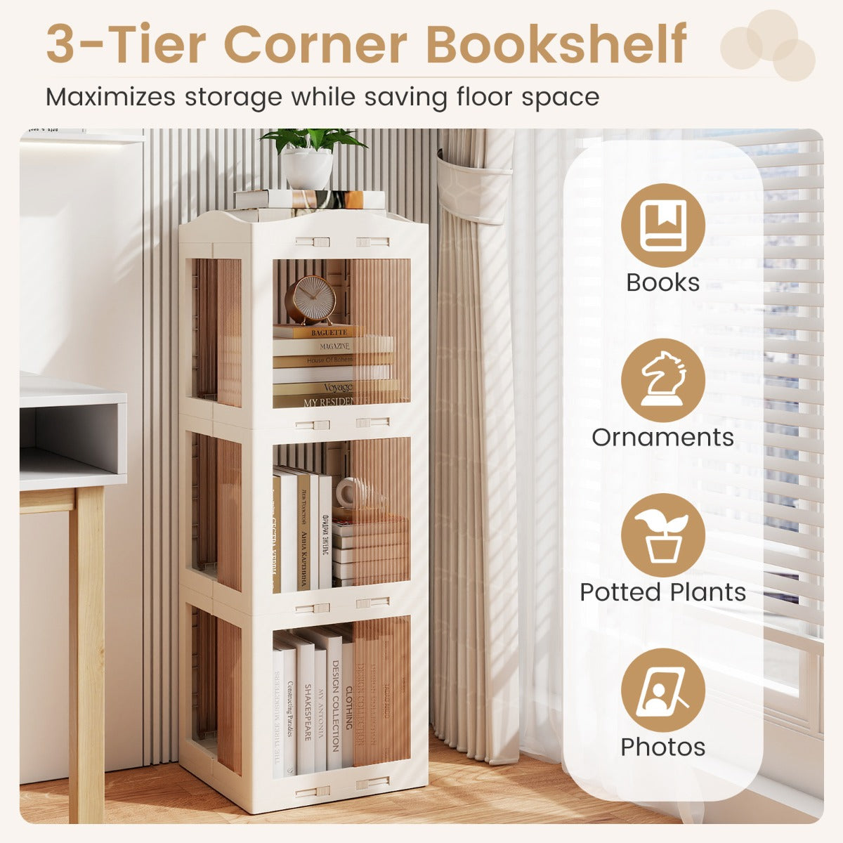 Livsk costway 360 draaibare boekenkast verticale rekken met 3 niveaus transparante panelen en draaibare voet wit 6