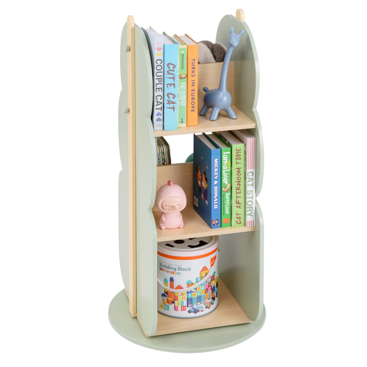 LIVSK Kinderboekenkast - 360° Draaibaar - Veilig en Stevig - Kindvriendelijke Hoogte van 90 cm - 5 Open Planken - Groen