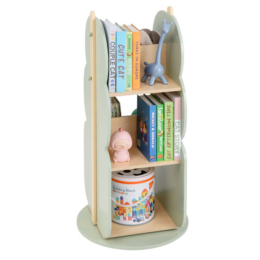 LIVSK Kinderboekenkast - 360° Draaibaar - Veilig en Stevig - Kindvriendelijke Hoogte van 90 cm - 5 Open Planken - Groen