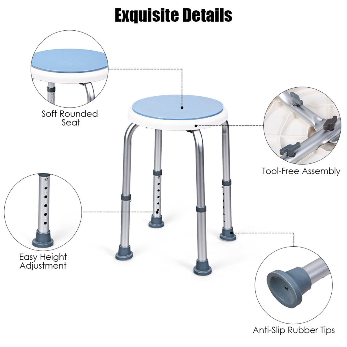 LIVSK 360° Draaibare Douchekruk - Verstelbare Hoogte 37,5-50,5 cm - Stabiele Aluminium Constructie - Draagvermogen 120 kg - Wit &