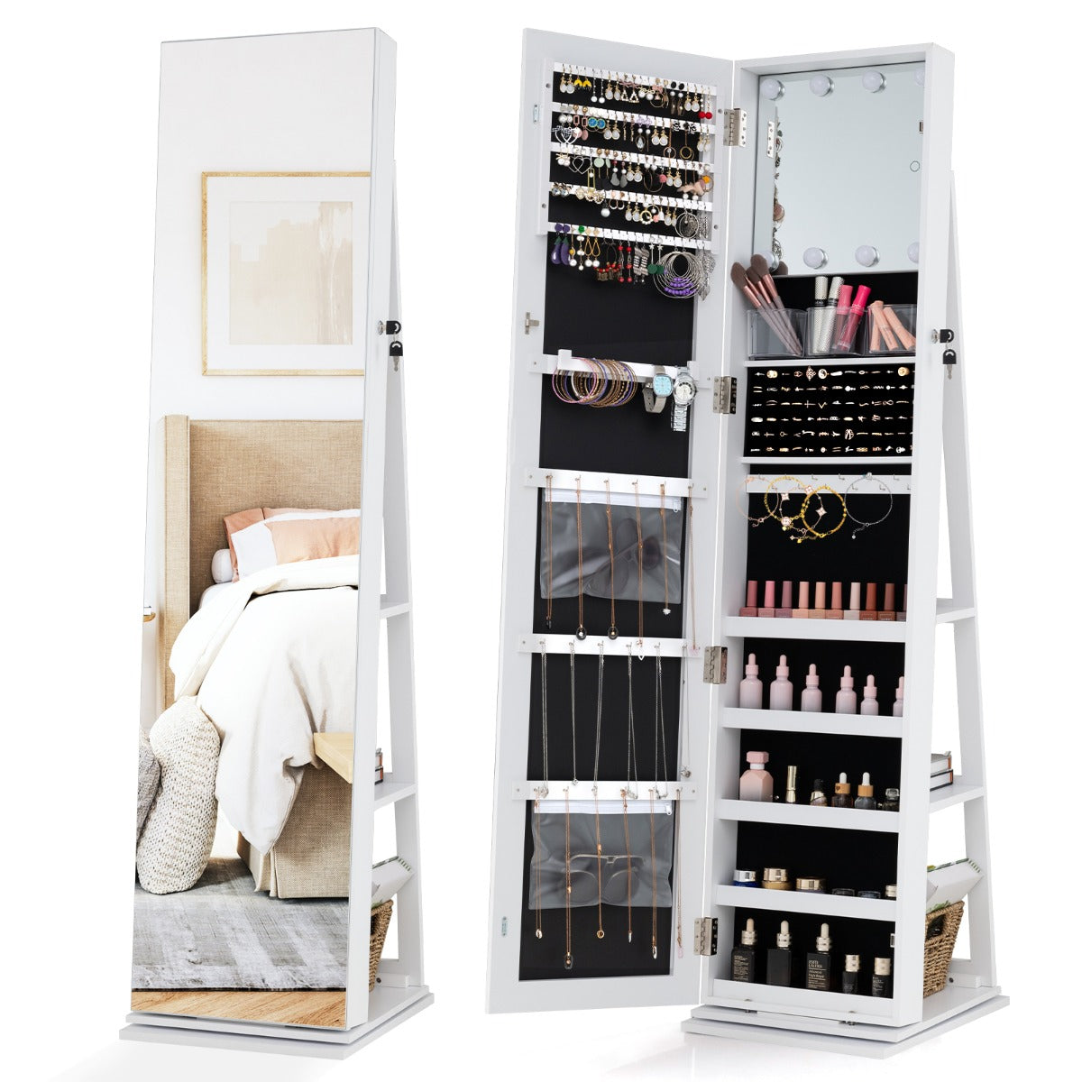 LIVSK Draaibare Sieradenkast 3-in-1 - Passpiegel en Organizer - 360° Draaifunctie - Verlichte Spiegel - Rustiek bruin / wit