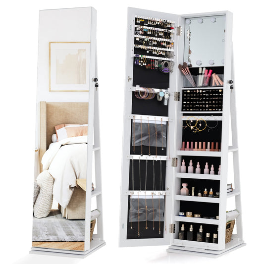 LIVSK Draaibare Sieradenkast 3-in-1 - Passpiegel en Organizer - 360° Draaifunctie - Verlichte Spiegel - Rustiek bruin / wit