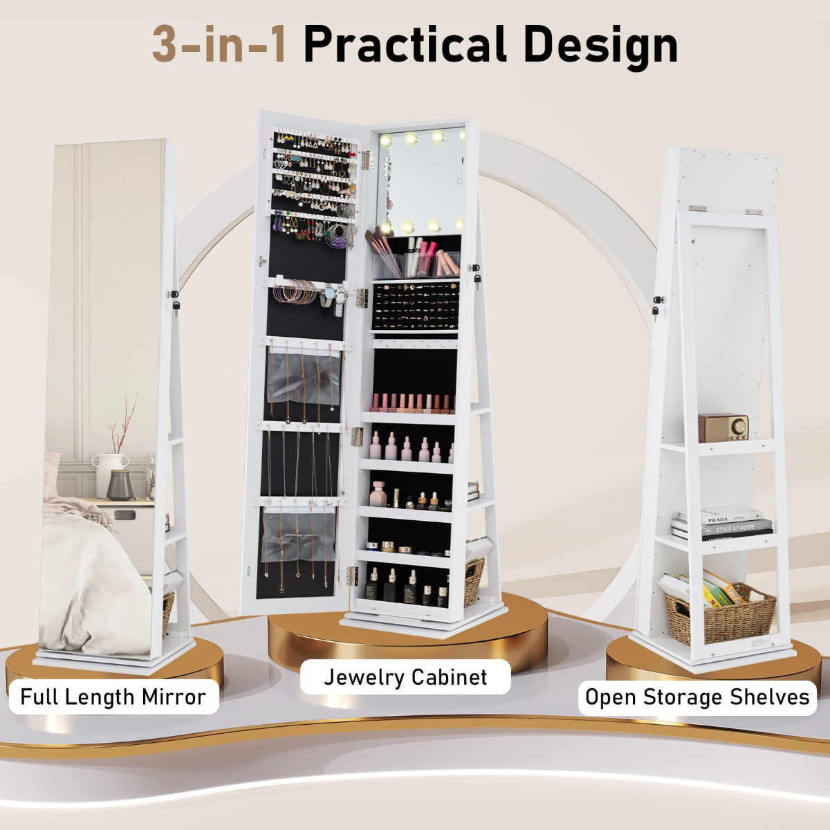 LIVSK Draaibare Sieradenkast 3-in-1 - Passpiegel en Organizer - 360° Draaifunctie - Verlichte Spiegel - Rustiek bruin / wit