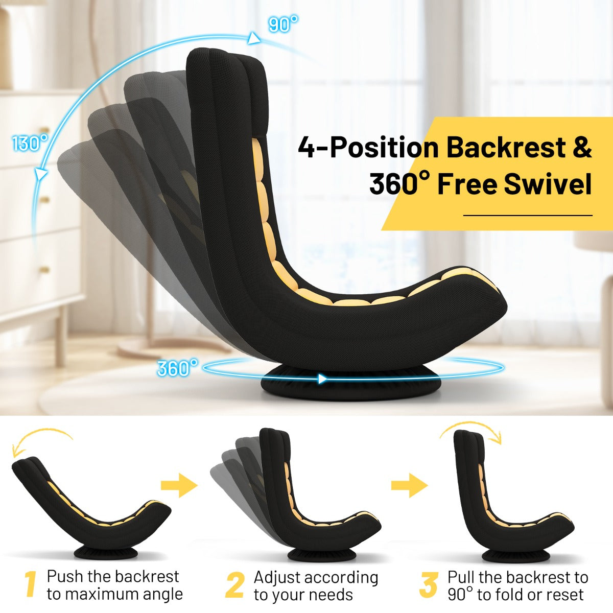 LIVSK Draaibare Opklapbare Vloerstoel - 4 Verstelbare Posities - 360° Draaivoet - Ergonomisch - Zwart + Geel