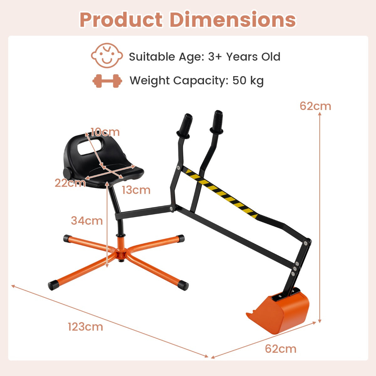 LIVSK Zitbagger - 360° Draaibaar - Realistische Schepbewerking - Sterke Metalen Constructie - Voor Kinderen - Oranje