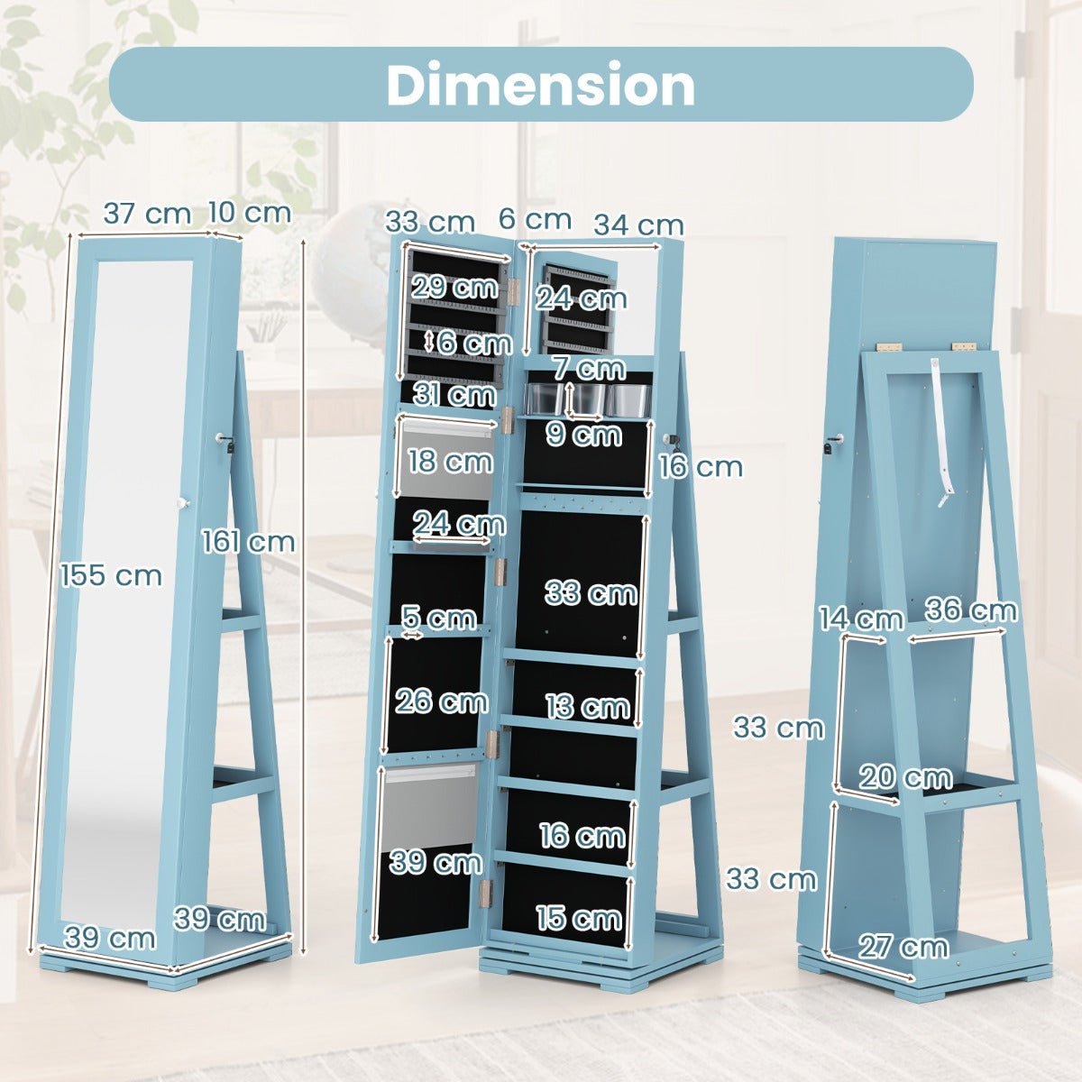 Livsk costway 360 roterende gespiegelde sieraden kast 2 in 1 afsluitbare sieraden organisator met volledige lengte spiegel 39 x 39 x 161 cm blauw 1 1