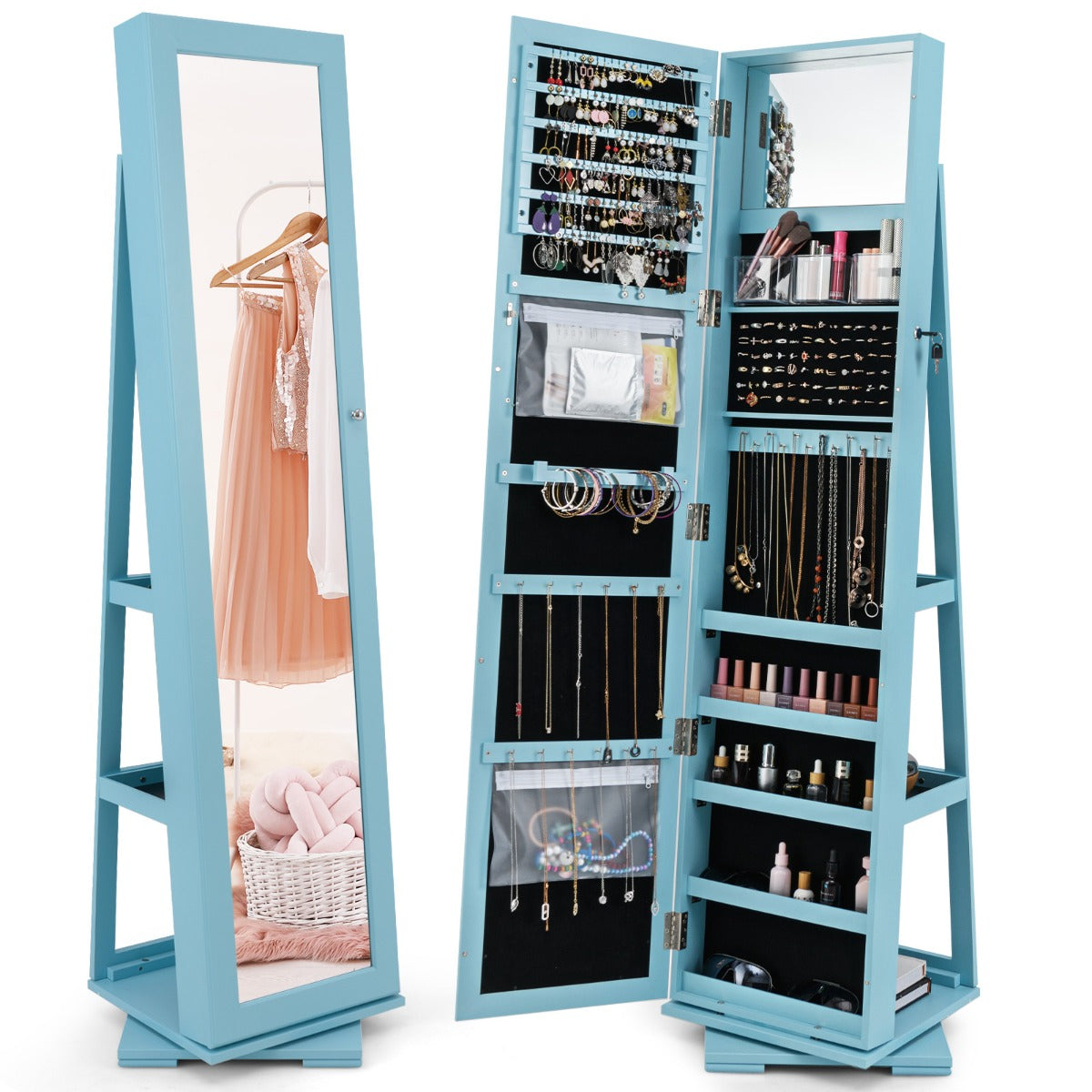 Livsk costway 360 roterende gespiegelde sieraden kast 2 in 1 afsluitbare sieraden organisator met volledige lengte spiegel 39 x 39 x 161 cm blauw
