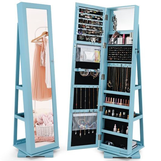 Livsk costway 360 roterende gespiegelde sieraden kast 2 in 1 afsluitbare sieraden organisator met volledige lengte spiegel 39 x 39 x 161 cm blauw
