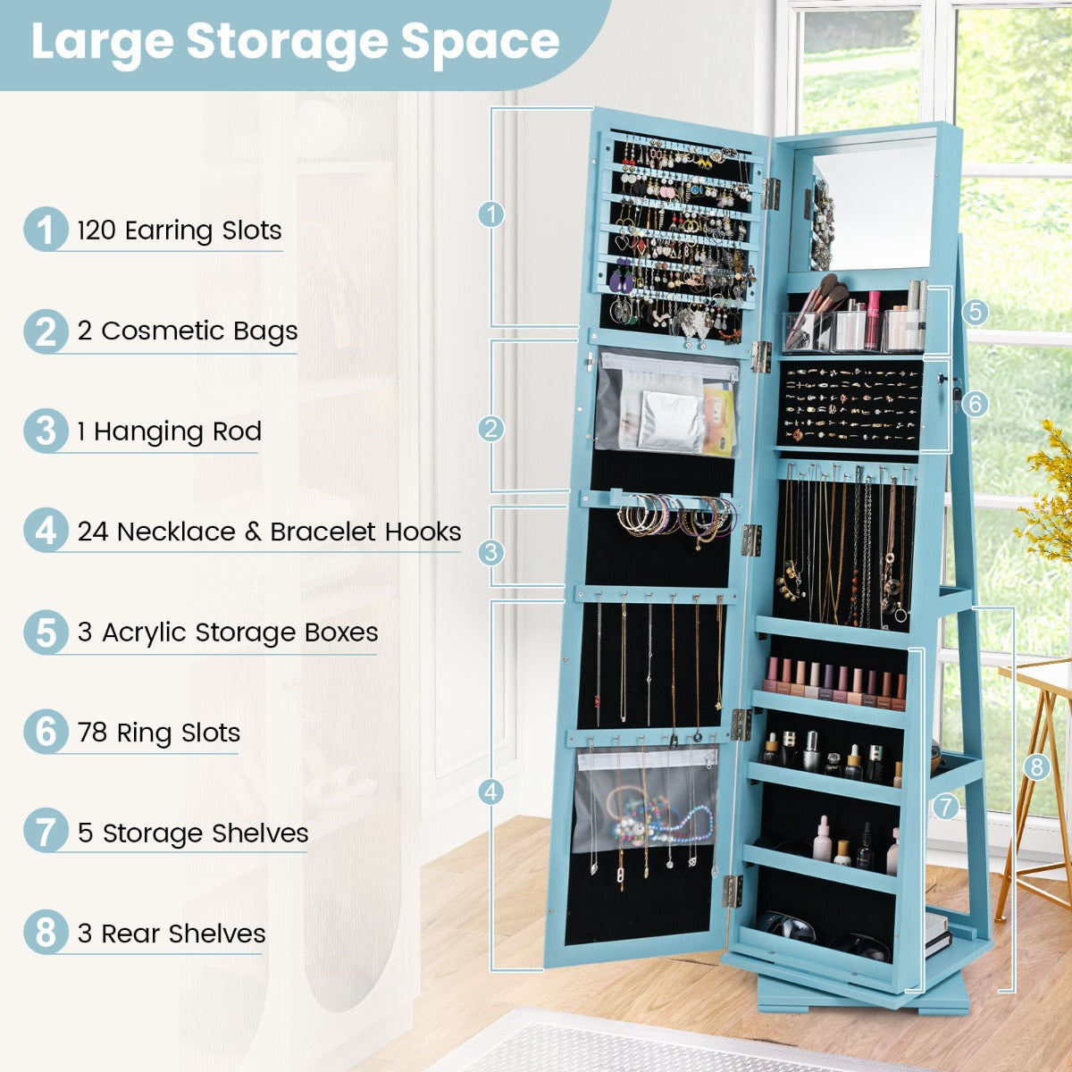 Livsk costway 360 roterende gespiegelde sieraden kast 2 in 1 afsluitbare sieraden organisator met volledige lengte spiegel 39 x 39 x 161 cm blauw 2