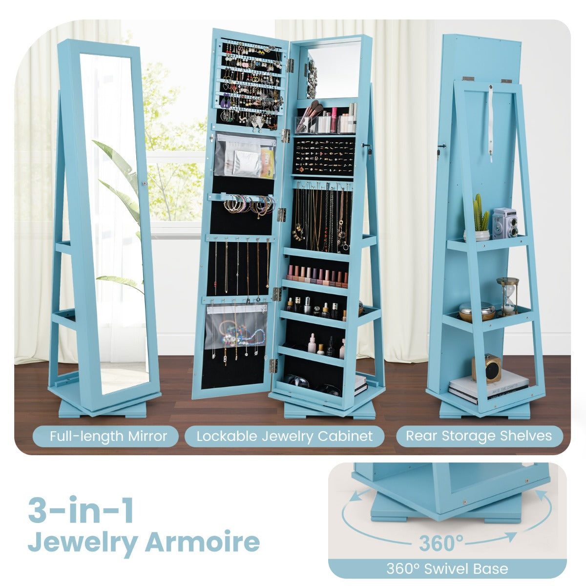 Livsk costway 360 roterende gespiegelde sieraden kast 2 in 1 afsluitbare sieraden organisator met volledige lengte spiegel 39 x 39 x 161 cm blauw 4