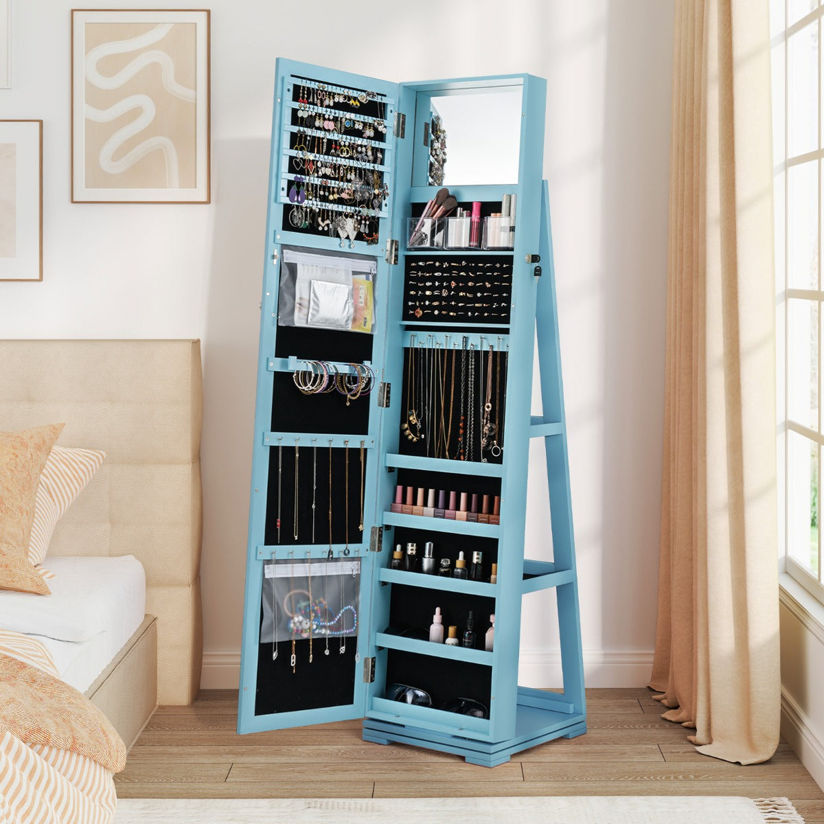 Livsk costway 360 roterende gespiegelde sieraden kast 2 in 1 afsluitbare sieraden organisator met volledige lengte spiegel 39 x 39 x 161 cm blauw 6