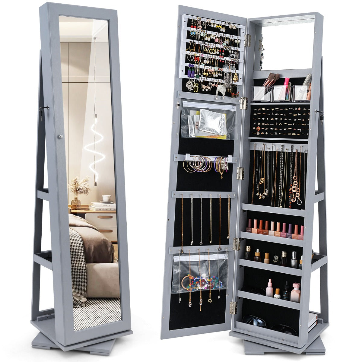 Livsk costway 360 roterende gespiegelde sieraden kast 2 in 1 afsluitbare sieraden organisator met volledige lengte spiegel 39 x 39 x 161 cm grijs