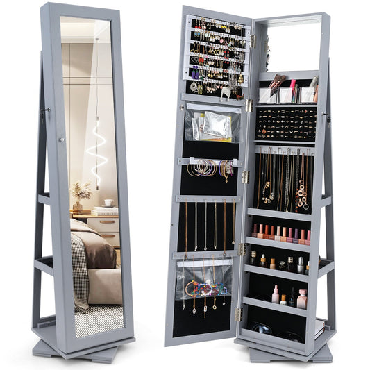 Livsk costway 360 roterende gespiegelde sieraden kast 2 in 1 afsluitbare sieraden organisator met volledige lengte spiegel 39 x 39 x 161 cm grijs