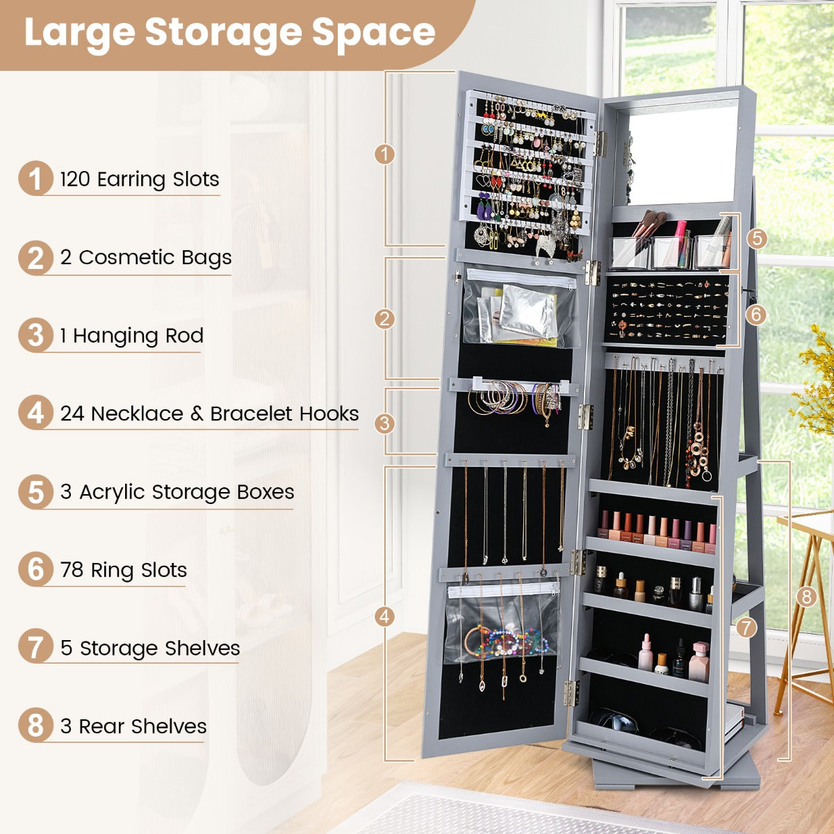 Livsk costway 360 roterende gespiegelde sieraden kast 2 in 1 afsluitbare sieraden organisator met volledige lengte spiegel 39 x 39 x 161 cm grijs 2