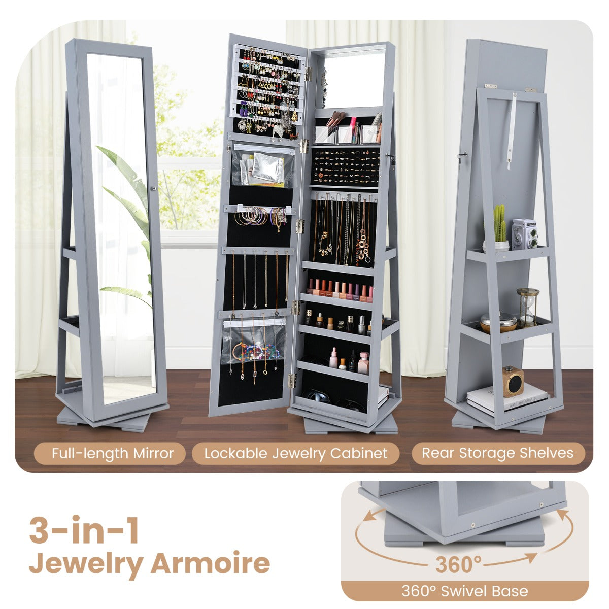 Livsk costway 360 roterende gespiegelde sieraden kast 2 in 1 afsluitbare sieraden organisator met volledige lengte spiegel 39 x 39 x 161 cm grijs 4