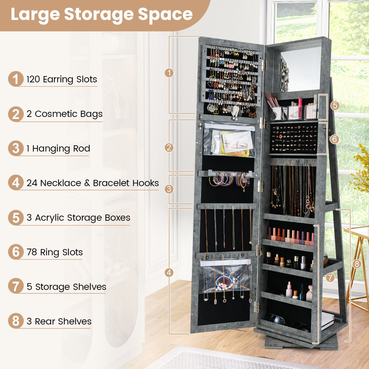 Livsk costway 360 roterende gespiegelde sieraden kast 2 in 1 afsluitbare sieraden organisator met volledige lengte spiegel 39 x 39 x 161 cm groenachtig blauw 2