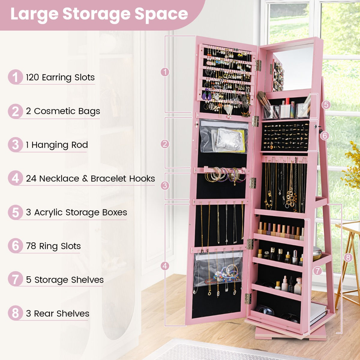 Livsk costway 360 roterende gespiegelde sieraden kast 2 in 1 afsluitbare sieraden organisator met volledige lengte spiegel 39 x 39 x 161 cm roze 2