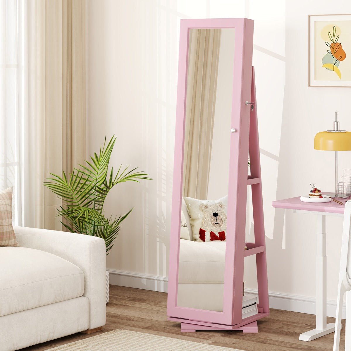 Livsk costway 360 roterende gespiegelde sieraden kast 2 in 1 afsluitbare sieraden organisator met volledige lengte spiegel 39 x 39 x 161 cm roze 6