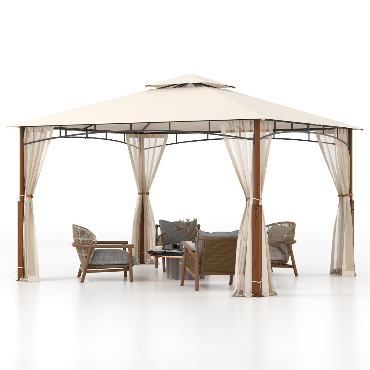 LIVSK Buitenpaviljoen met Muggennet - Waterdicht - Eenvoudige Montage - Stevig Metaal - 316 x 260 x 228 cm - Beige+Natuurlijk