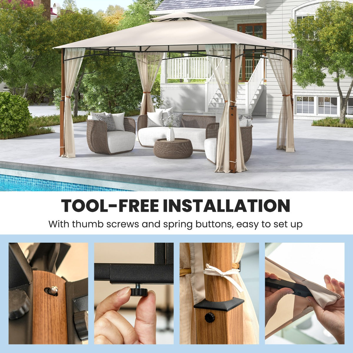 LIVSK Buitenpaviljoen met Muggennet - Waterdicht - Eenvoudige Montage - Stevig Metaal - 316 x 260 x 228 cm - Beige+Natuurlijk