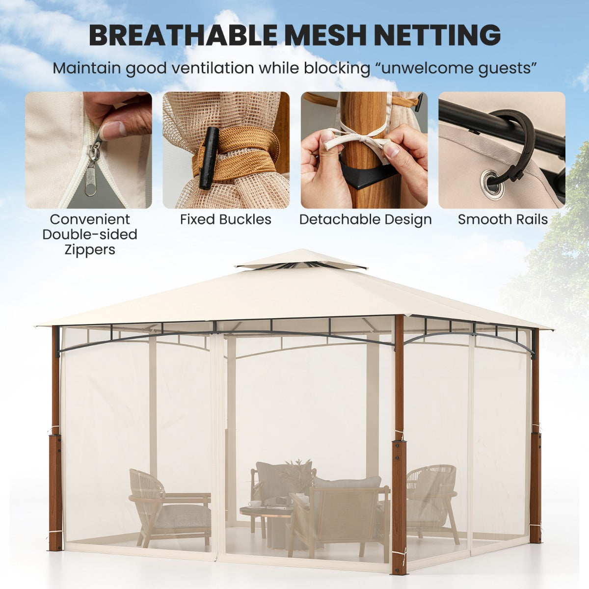 LIVSK Buitenpaviljoen met Muggennet - Waterdicht - Eenvoudige Montage - Stevig Metaal - 316 x 260 x 228 cm - Beige+Natuurlijk