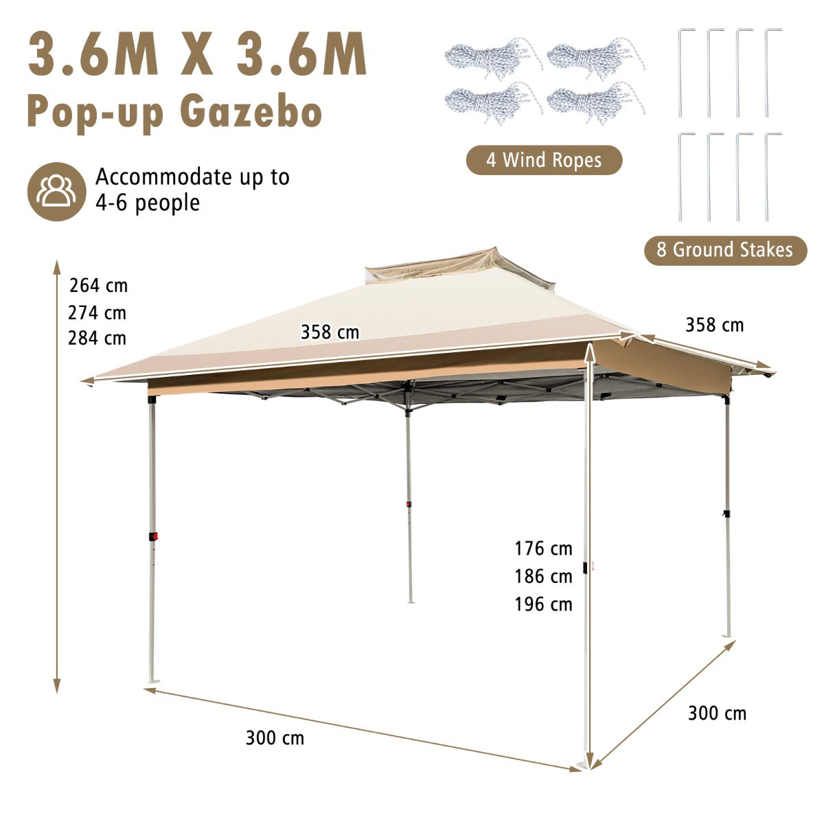 LIVSK Instant Opklapbare Partytent - 360 x 360 cm - Water- en Zonbestendig - Geventileerd - Voor 4-6 Personen - Kaki