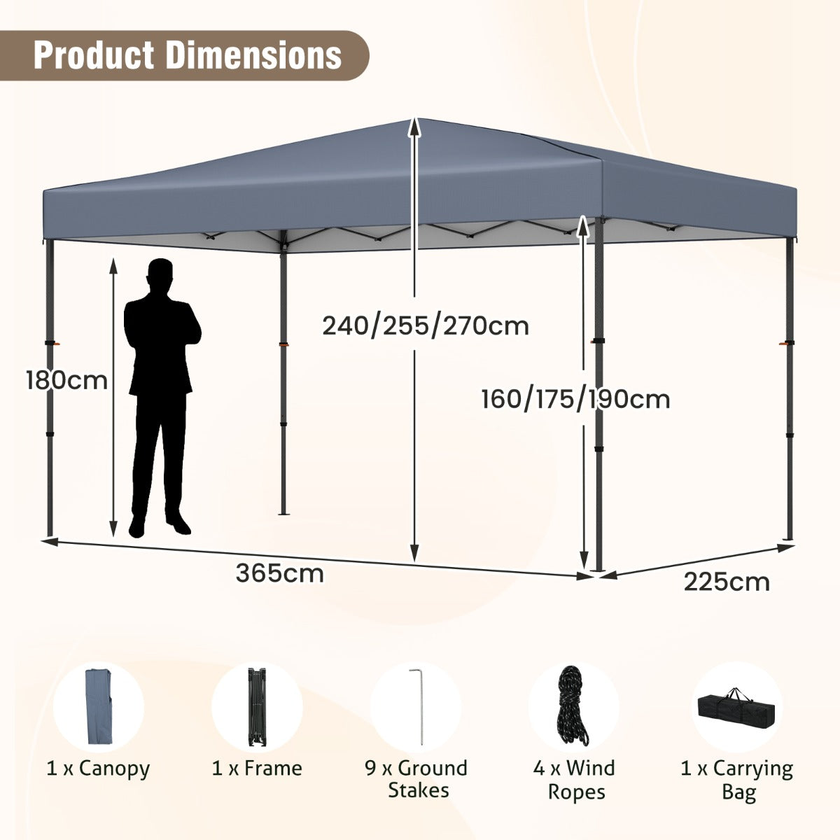 LIVSK Pop-up Paviljoen - Draagbaar met Zilvergecoat Dakzeil - Eenvoudig Opzetten - 365 x 225 x 270 cm - Grijs