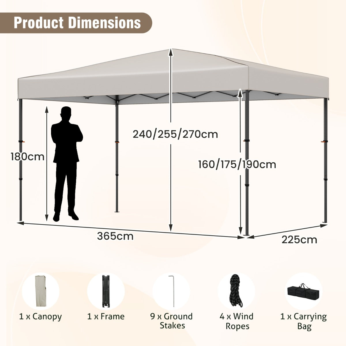 LIVSK Pop-up Paviljoen - Grote Schaduwdekking 365 x 225 cm - Eenvoudige Opbouw zonder Gereedschap - Inclusief Draagtas - Beige