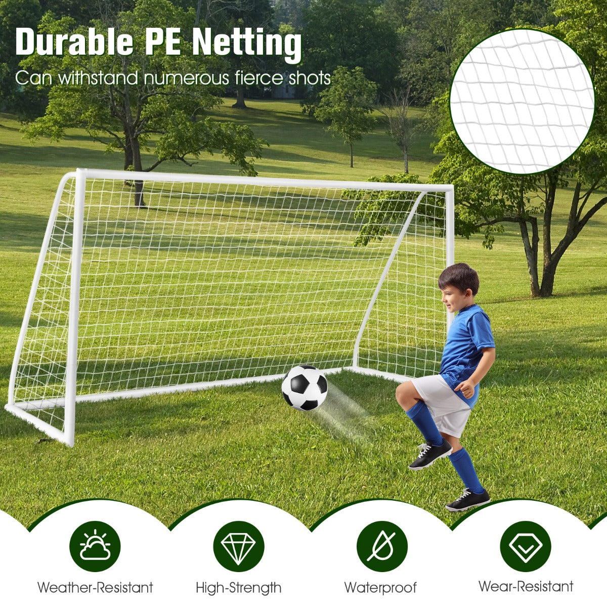 LIVSK Draagbaar Voetbaldoel - Weerbestendig PE-net - Eenvoudige Montage - 6 Grondpennen - 365 x 120 x 182 cm - Wit