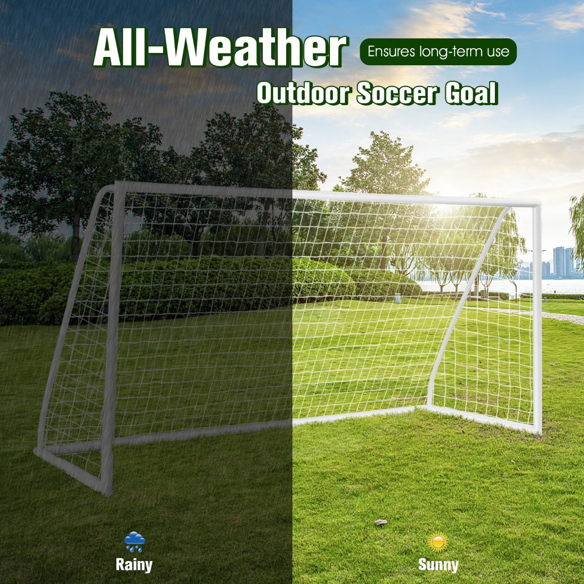LIVSK Draagbaar Voetbaldoel - Weerbestendig PE-net - Eenvoudige Montage - 6 Grondpennen - 365 x 120 x 182 cm - Wit
