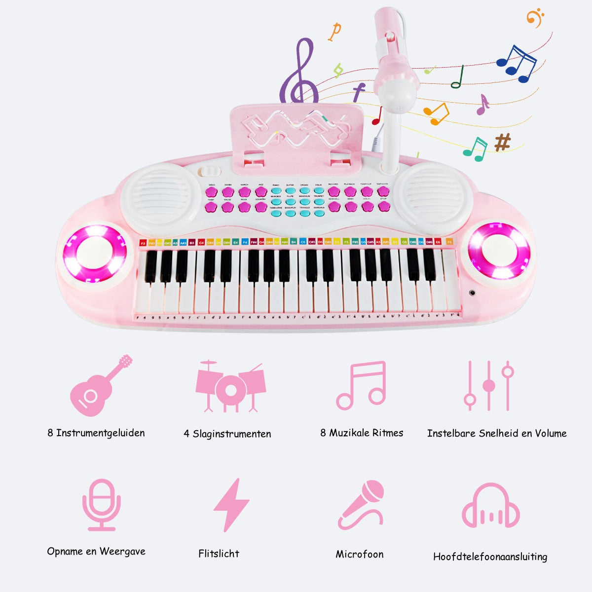 LIVSK Kinderpiano - 27 Toetsen - 8 Ritmes en Instrumenten - Inclusief Microfoon - Verbinding met Telefoon - Roze