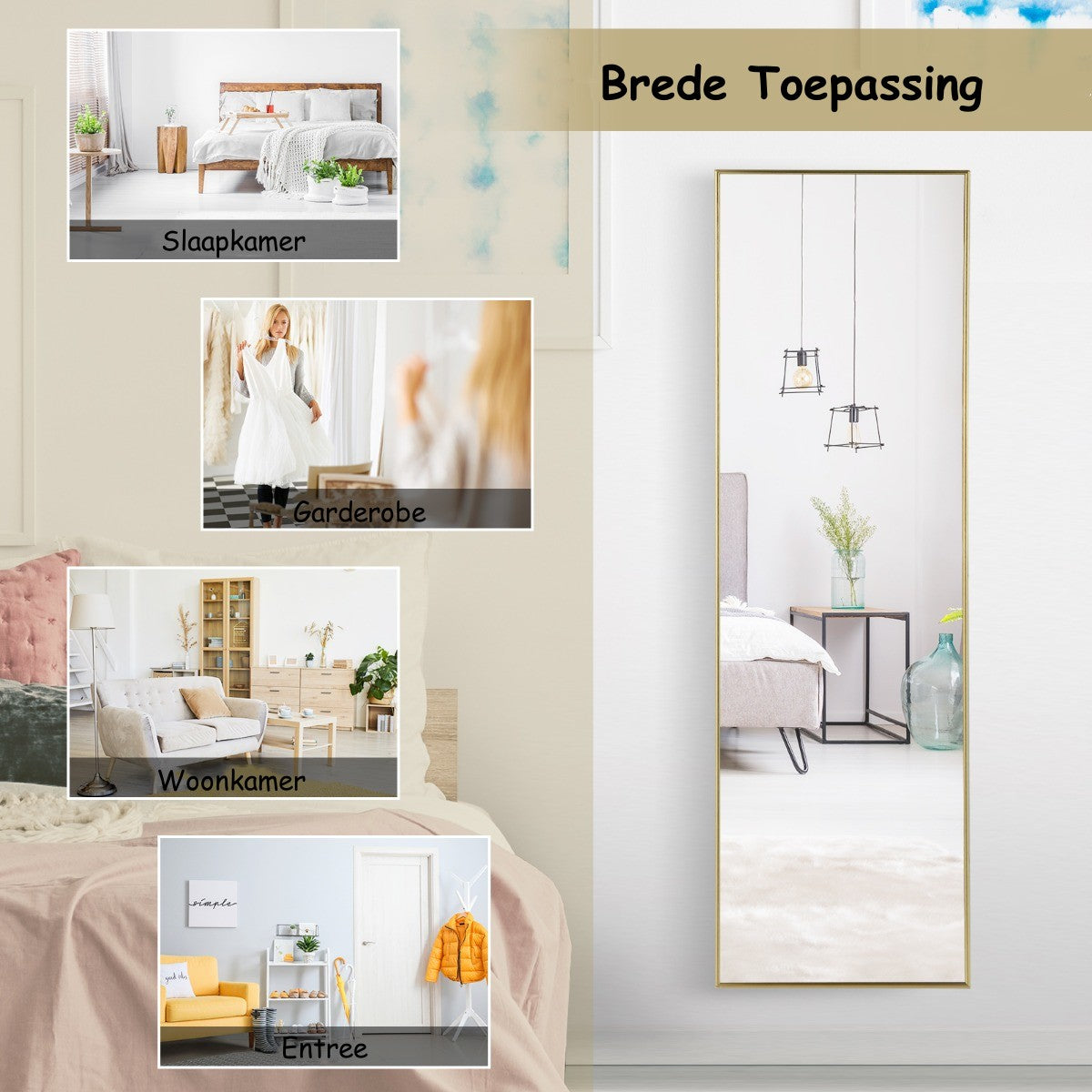 LIVSK Verstelbare Wandspiegel - Volledige Lengte - Aluminium Frame - HD-glas - 2 Ophangmethoden - 120 x 37 x 2 cm - Goudkleurig