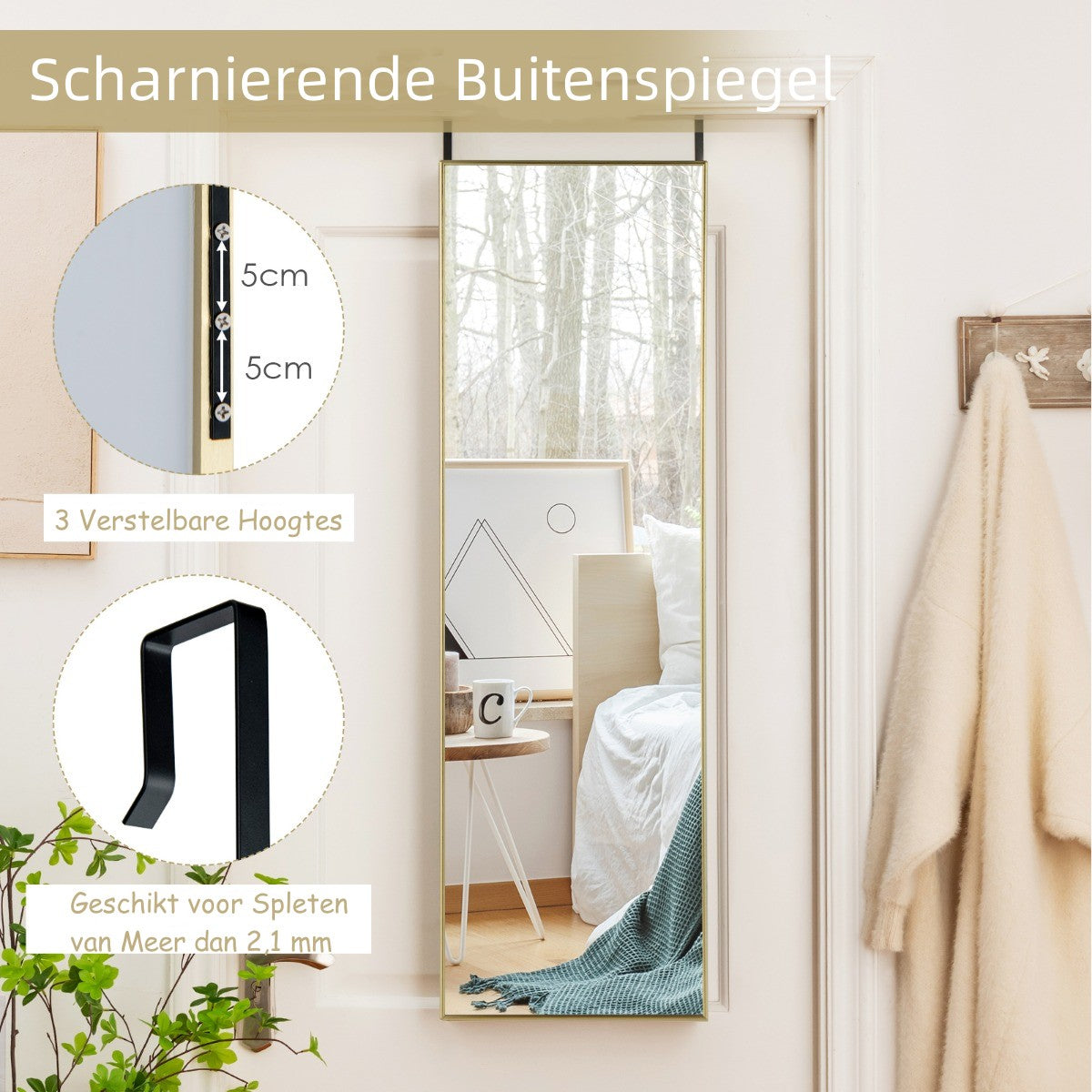 LIVSK Verstelbare Wandspiegel - Volledige Lengte - Aluminium Frame - HD-glas - 2 Ophangmethoden - 120 x 37 x 2 cm - Goudkleurig