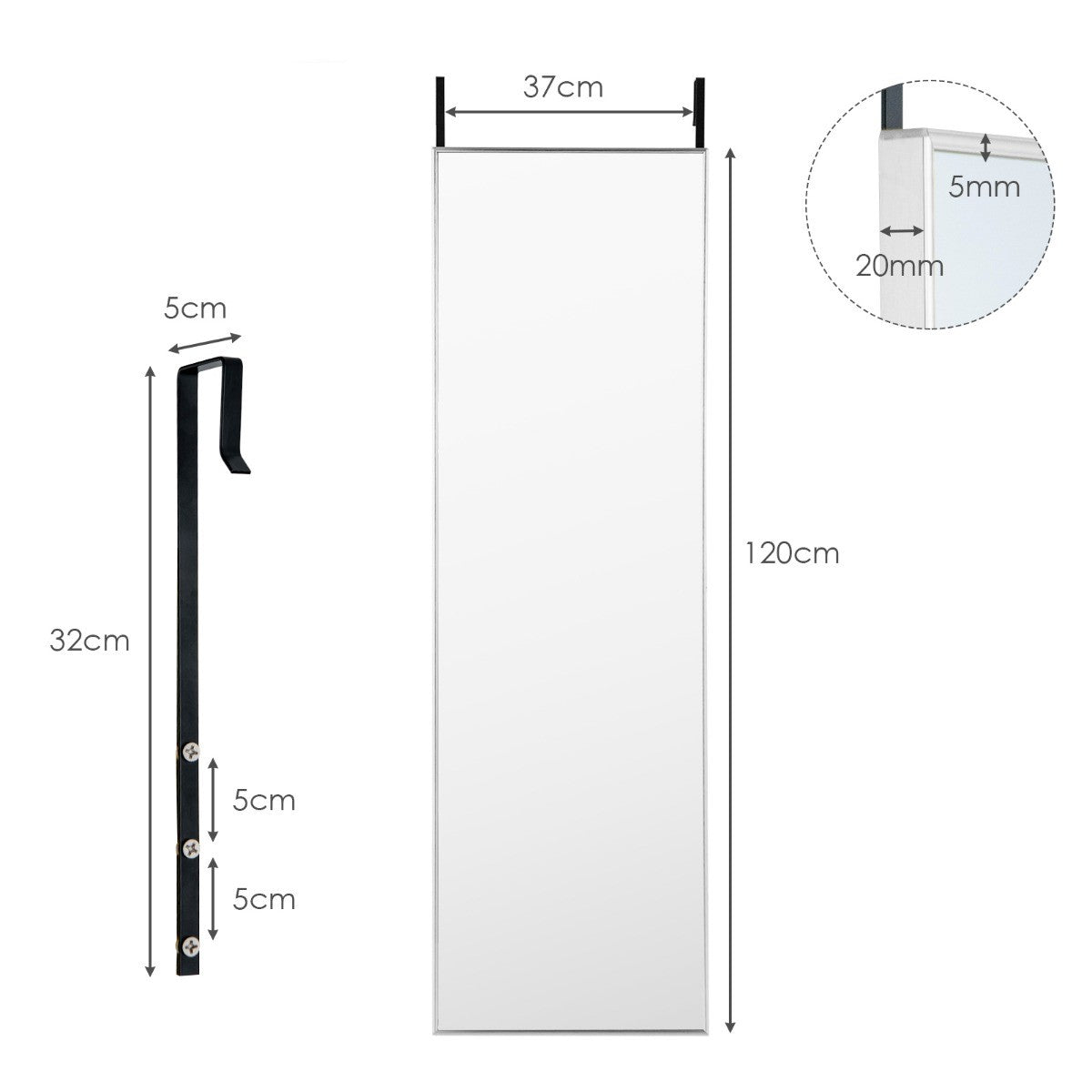 LIVSK Verstelbare Wandspiegel - Volledige Lengte met Twee Ophangmogelijkheden - Aluminium Frame - HD Antikras - Zilver
