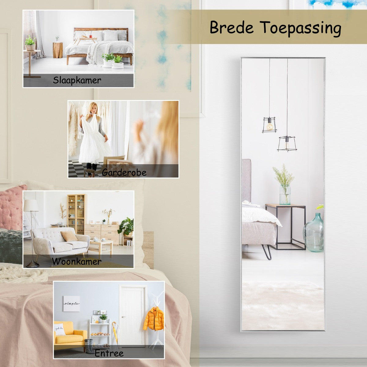 LIVSK Verstelbare Wandspiegel - Volledige Lengte met Twee Ophangmogelijkheden - Aluminium Frame - HD Antikras - Zilver