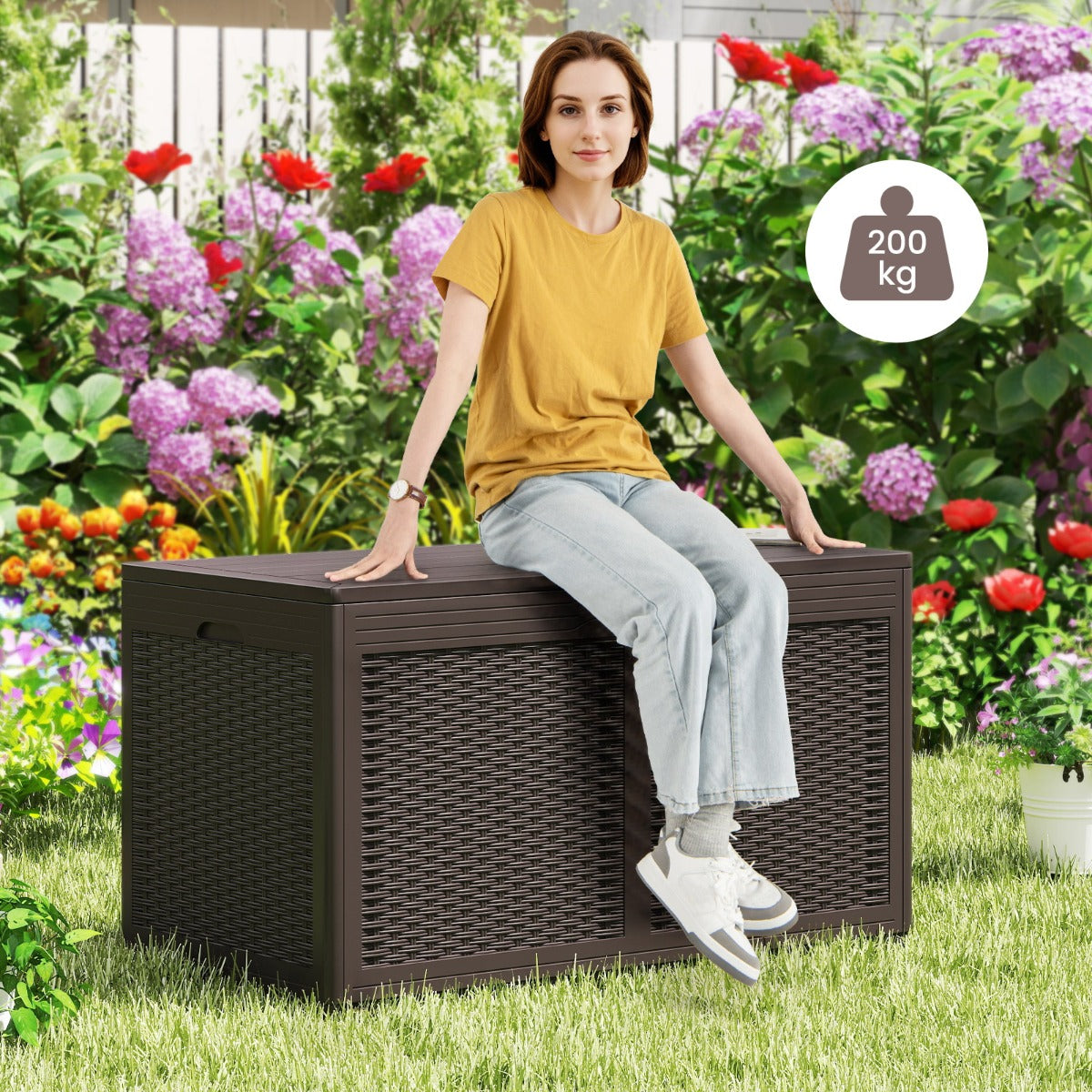 LIVSK Terrasbox op Wielen - 380 Liter Inhoud - Waterdicht en Stevige Bank - Soft-Close Deksel - Tot 200 kg - Bruin