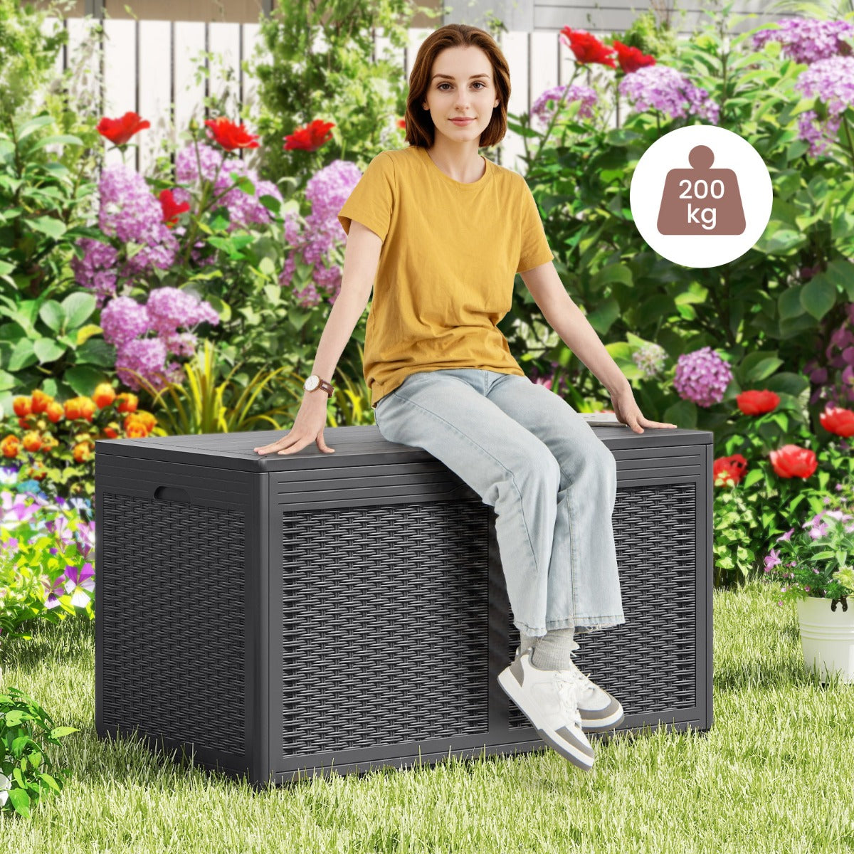 LIVSK Terrasbox met Wielen - Waterdicht PP-hars - 380L Inhoud - Dubbele Functie als Bank - Draagvermogen 200 kg - Grijs