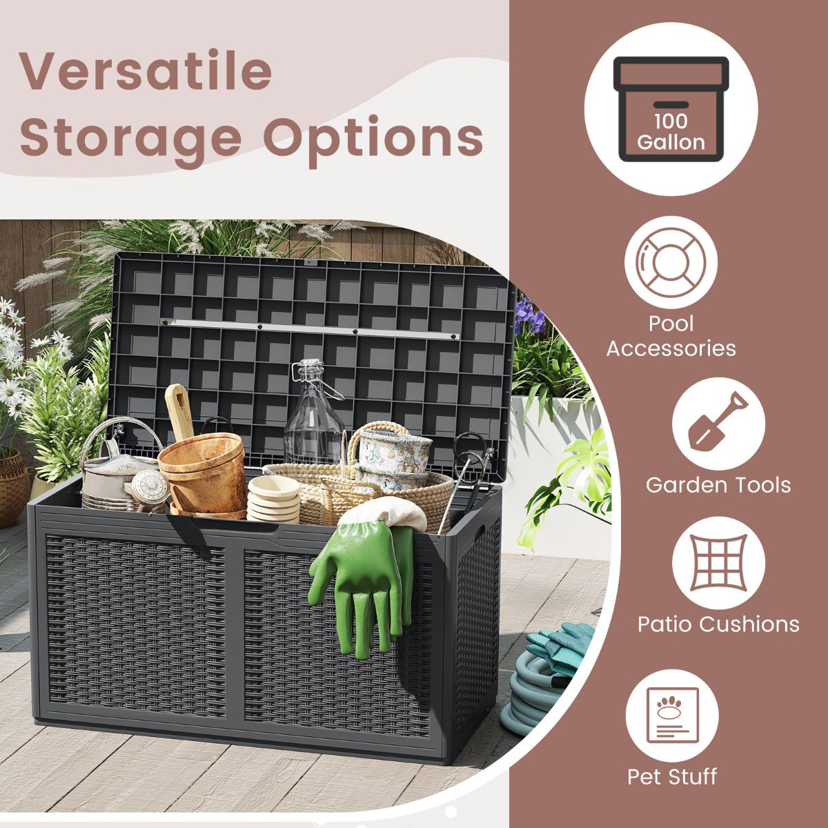 LIVSK Terrasbox met Wielen - Waterdicht PP-hars - 380L Inhoud - Dubbele Functie als Bank - Draagvermogen 200 kg - Grijs