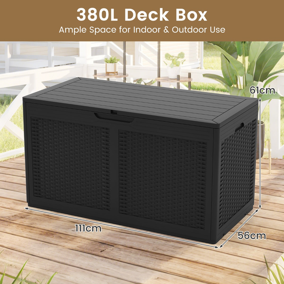 LIVSK Terrasbox op Wielen - 380L Inhoud - Waterdicht PP-hars - Soft-Close Deksel - Draagvermogen 200 kg - Zwart
