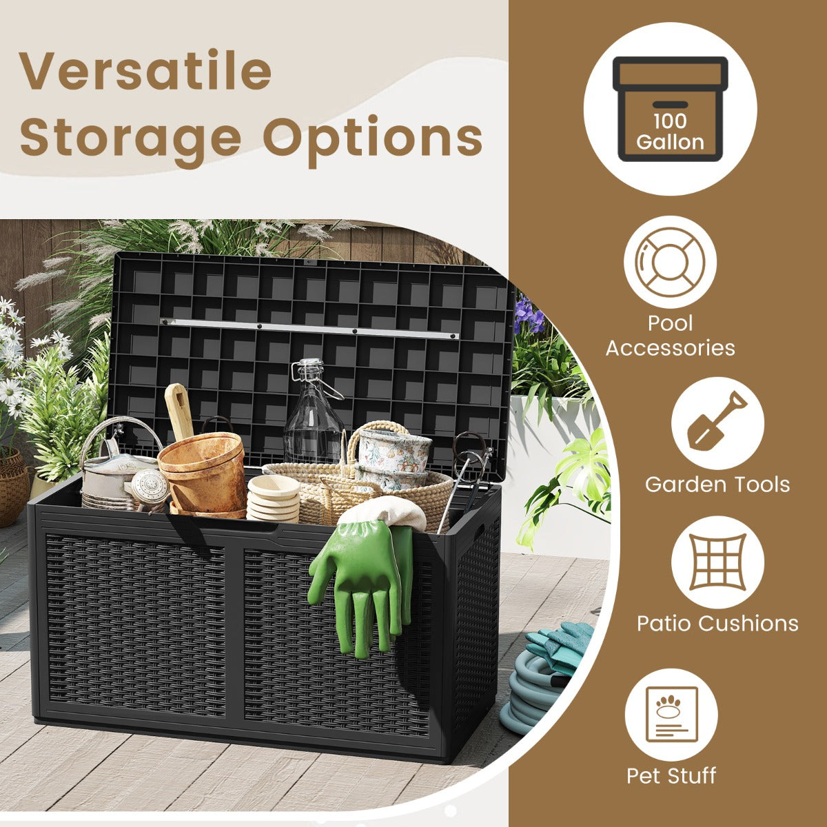 LIVSK Terrasbox op Wielen - 380L Inhoud - Waterdicht PP-hars - Soft-Close Deksel - Draagvermogen 200 kg - Zwart