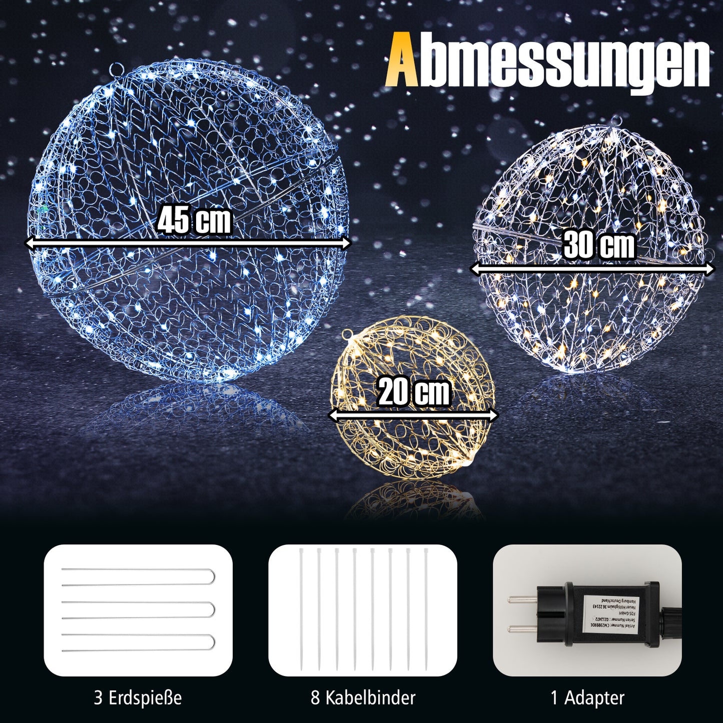 LIVSK Set van 3 Verlichte Kerstballen - 435 LED's - 8 Lichtmodi - Metalen Frame - Ruimtebesparend - Warmwit/Koudwit/Mixed