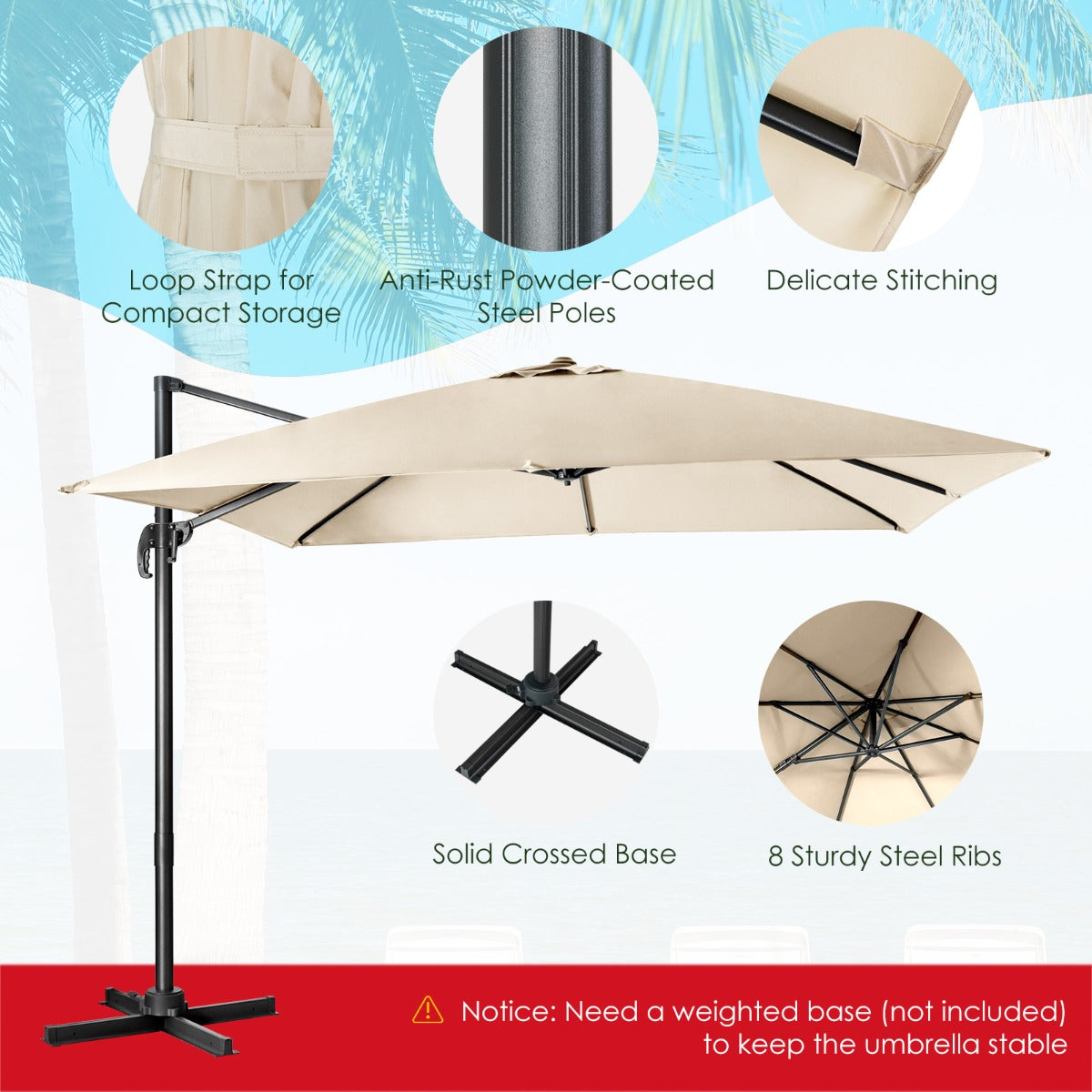 LIVSK Rechthoekige Terrasparasol - 300 x 300 cm - 360° Rotatie - 3 Kantelstanden - UV-bestendig - Stevig Stalen Frame - Beige