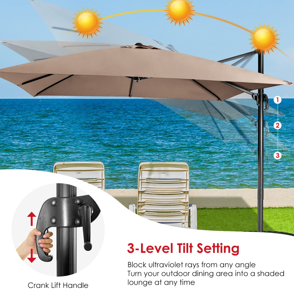 LIVSK Rechthoekige Terrasparasol - 300 x 300 cm - UV-bestendig Polyester - 360° Rotatie - 8 Baleinen - Koffie