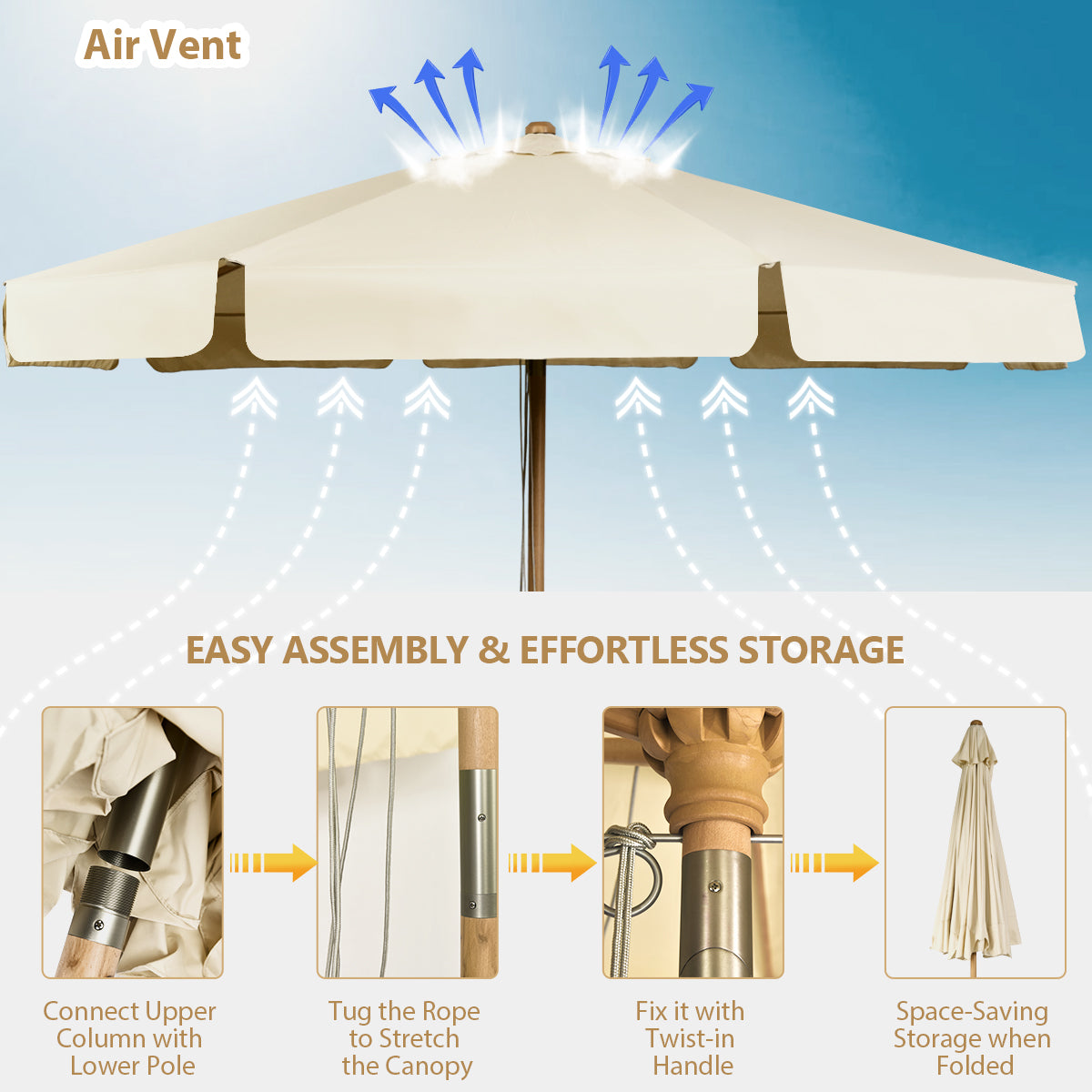 LIVSK Tilbare Terras Parasol - Handmatig Kantelmechanisme - UV-Bescherming - Eenvoudige Montage - 300 x 300 x 253 cm - Beige