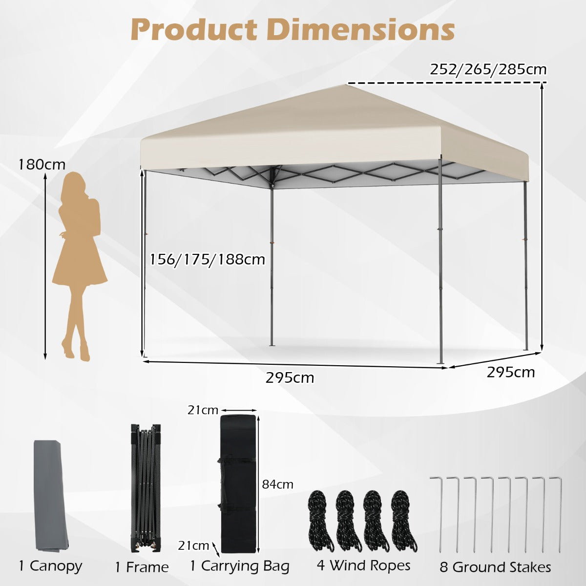 LIVSK Pop-up Paviljoen - UV50+ Bescherming - Snelle Montage zonder Gereedschap - 3 Instelbare Hoogtes - 295 x 295 x 253-285 cm -