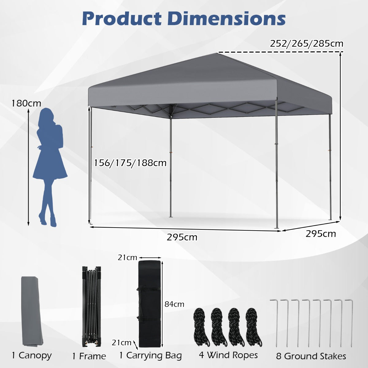 LIVSK Pop-up Paviljoen - UV50+ Zonbescherming - In Hoogte Verstelbaar - Eenvoudig Opzetbaar - 295 x 295 x 253-285 cm - Grijs