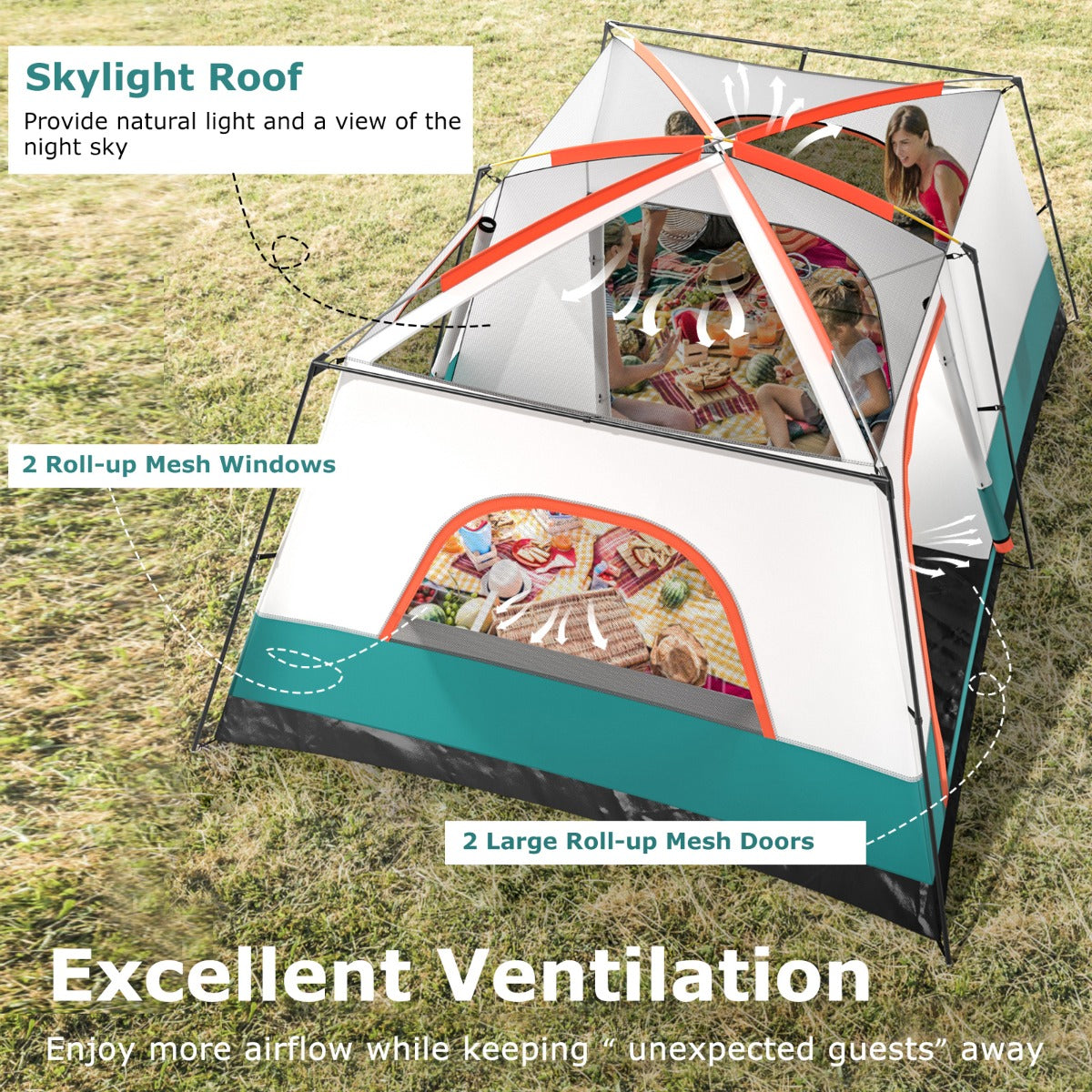 Livsk costway 4 6 8 10 persoons kampeertent met luifel grote familietent met 2 slaapgedeeltes 2 deuren 2 gaasramen afneembaar buitendoek l 4