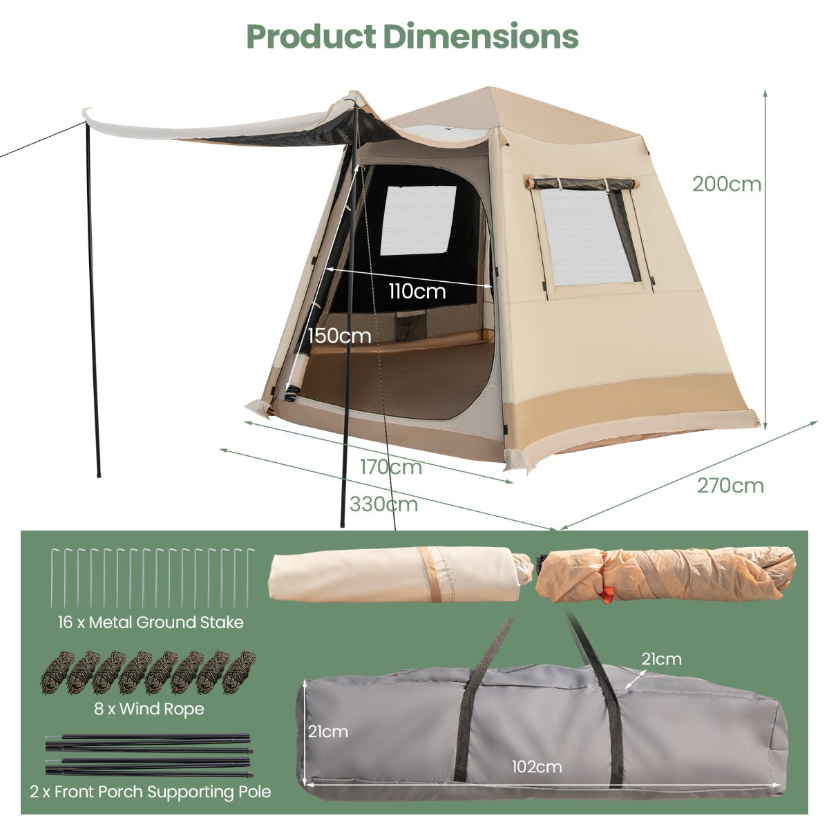 LIVSK Campingtent - Volledig Automatisch - Waterdicht Oxford-stof - Voor 4-6 Personen - Snelle Installatie - Beige