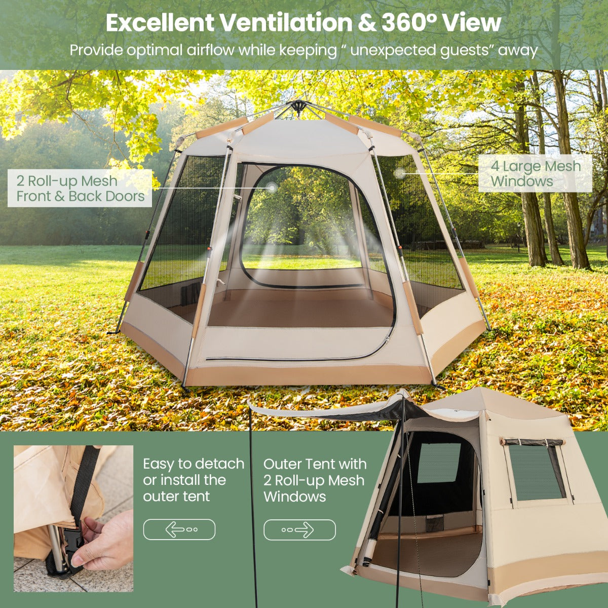 LIVSK Campingtent - Volledig Automatisch - Waterdicht Oxford-stof - Voor 4-6 Personen - Snelle Installatie - Beige
